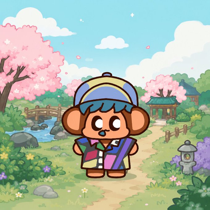 The image features a cartoon character dressed in colorful clothing standing in front of a garden with flowers, trees, and a river. The character appears to be posing for a photo or drawing, surrounded by the natural scenery. The text "team that builds in public and actually puts NFTs first this is why @ChimpersHQ is elite seeing all these recent ecosystem updates is just incredible, they have delivered everything from the Dojo Treasury to custom lore for every chimp what a great time to be a!" is present, which seems to be related to the character or the post.