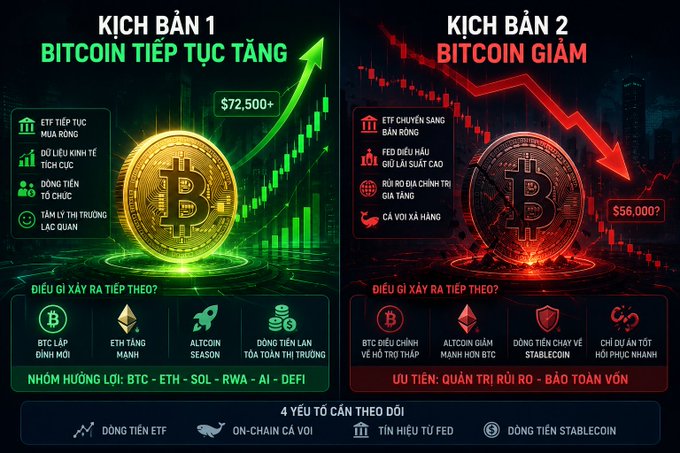 A Vietnamese infographic comparing two Bitcoin scenarios - Scenario 1 showing BTC continuing to rise above $72,500 and Scenario 2 showing BTC dropping to $56,000, with groups like BTC-ETH-SOL-RWA-AI-DEFI recommended.