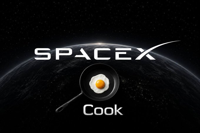 SpaceX logo set against Earth from space with a frying pan and fried egg in the foreground, labeled 'Cook'.