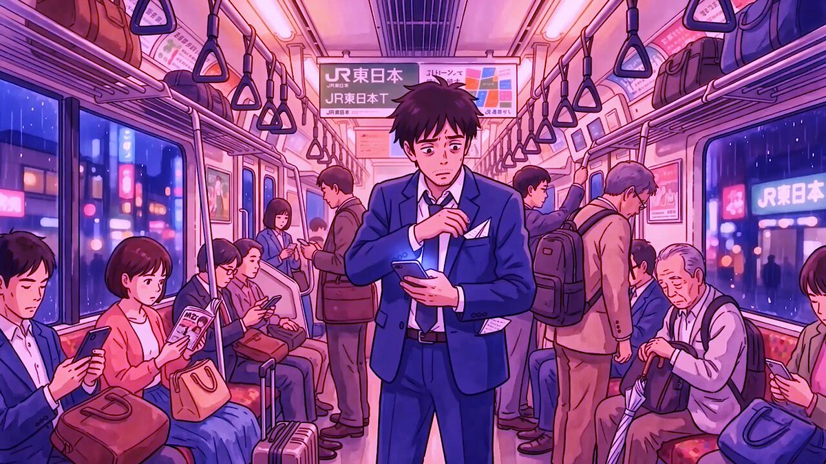 The image depicts a scene inside a train car with people sitting down and using their phones. A man wearing a suit stands out among them as he looks at his phone. The background shows a cityscape, suggesting that they are traveling through an urban area. There is also text in the image related to trading tokenized stocks on social media platforms like Genius.