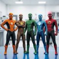Five costumed superhero figures stand in a row, each wearing a distinct colored suit (orange, gold, green, blue, and red) with matching helmets and boots.