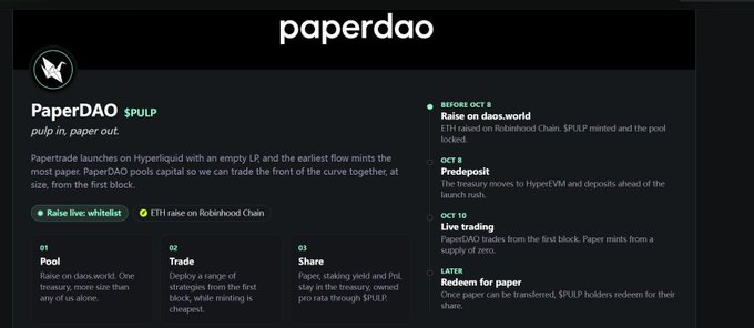 A webpage for PaperDAO ($PULP) describing it as 'pulp in, paper out' with sections on Pool, Trade, Share, and a timeline of milestones including a raise on daos.world, Predeposit, Live trading, and Redeem for paper.