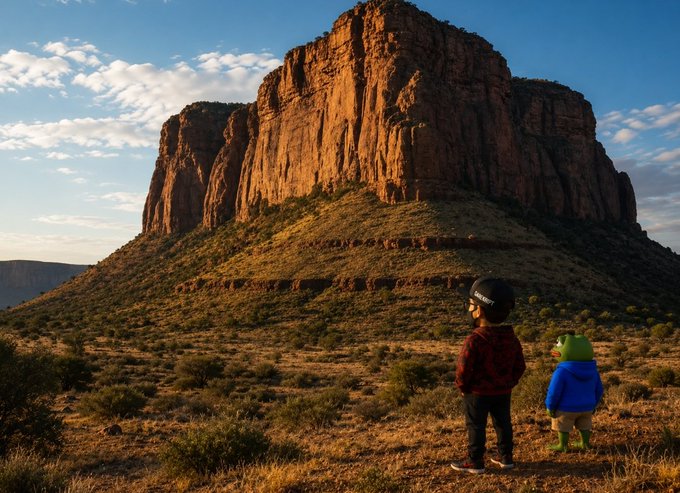 A young child wearing a black cap and red plaid shirt stands next to someone in a green alien mask and blue hoodie, both looking up at a massive red rock formation under a clear blue sky.