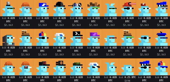 A grid of pixel-art blue character avatars wearing various hats (cowboy, wizard, police, military), each displayed above an NFT listing showing a bid of 0.028 BTC ($2,163), with one listed at 0.25 BTC ($19k).