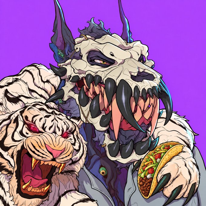 A vibrant cartoon illustration of two monstrous creatures—a skeletal beast and a white tiger—against a purple background, with one holding a taco.