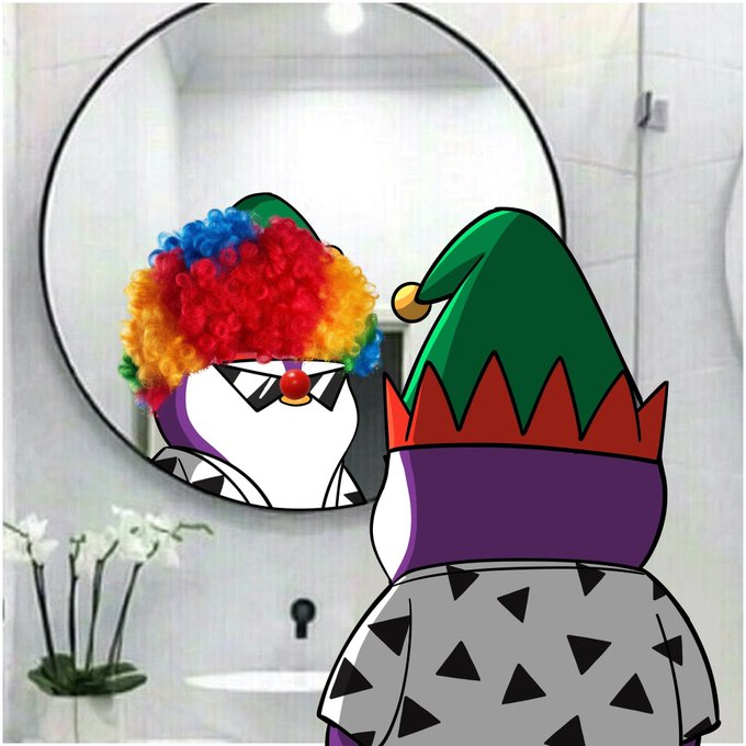 A cartoon penguin in an elf hat and patterned shirt stares into a bathroom mirror, only to see a clown version of themselves with a rainbow wig, reflecting the post's message that the wealth we hold was never truly ours—just temporarily entrusted before someone else claims it.