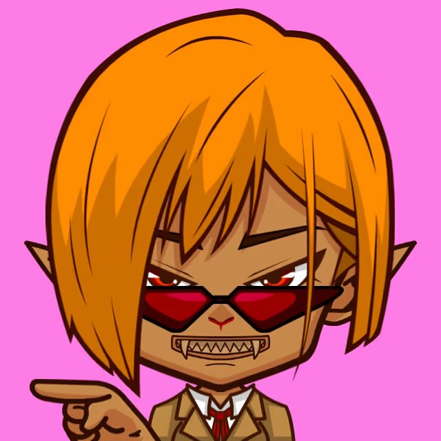 A chibi-style cartoon character with orange hair, pointed ears, red triangular sunglasses, fangs, and a school uniform, pointing forward against a pink background.
