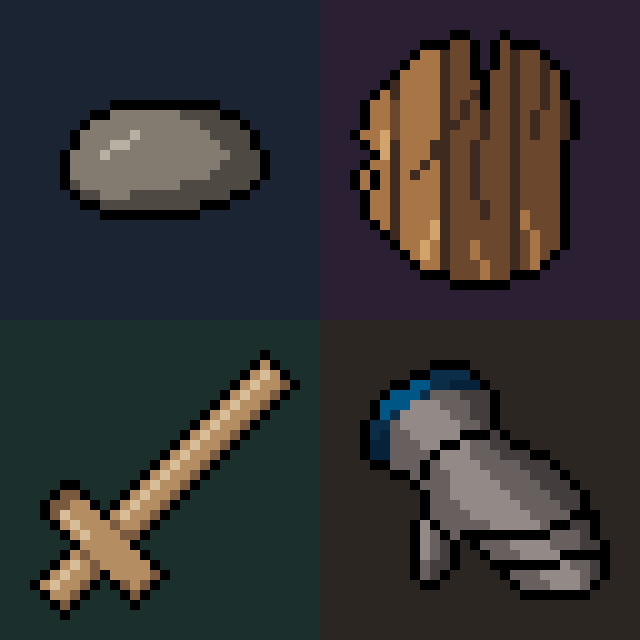 A 2x2 grid of pixel art game items including a gray stone, a brown log/wood piece, a wooden sword, and a pair of gray boots.