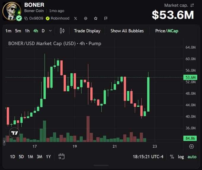 A 4-hour candlestick chart of BONER Coin ($BONER) shows a market cap of $53.6M on the Pump platform, with recent price action indicating an upward push after a dip to around $40M. The volatile but recovering trend visually supports the poster's bullish thesis that $BONER has momentum appealing to both casual meme traders and those with a deeper investment thesis.
