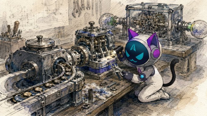 A cute cat-like robot in a spacesuit works on intricate mechanical clockwork gears at a workbench, representing the meticulous engineering of validators ensuring the integrity of recorded events (proposals, votes, appeals, and finalizations) without dispute, while judgment on those events may still vary—just as the figure carefully tends to complex machinery whose components must function precisely even as interpretation differs.