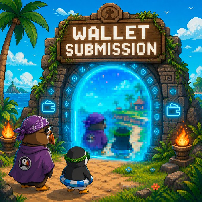 A pixel art scene shows a sloth pirate and a penguin approaching a glowing portal marked "WALLET SUBMISSION," framed by a stone archway and torches, illustrating the live wallet submission event for the Puffins NFT project where holders can claim guaranteed whitelist spots based on their token holdings.