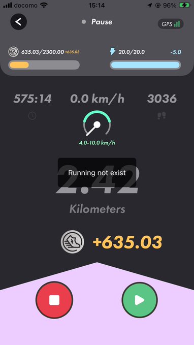 A screenshot of a fitness tracking app showing a paused workout with 575:14 elapsed, 0.0 km/h speed, 3036 steps, and a total distance of 2.42 kilometers with +635.03 points earned.
