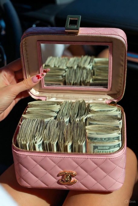 A person holding open a pink quilted Chanel makeup case filled with stacks of US dollar bills, with a mirror reflecting the cash inside.