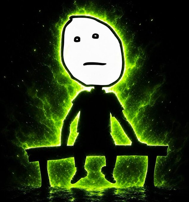 A silhouette figure with a blank expression sits on a bench, surrounded by an intense glowing green aura radiating outward like cosmic energy. The dramatic "Aura restored" visual amplifies the post's humorous theme of projecting confidence and mystique around the $KIM meme coin, despite the self-deprecating punchline that "still no one cares."