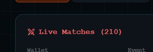 A small interface snippet displays 'Live Matches (210)' with 'Wallet' and 'Event' labels visible below.
