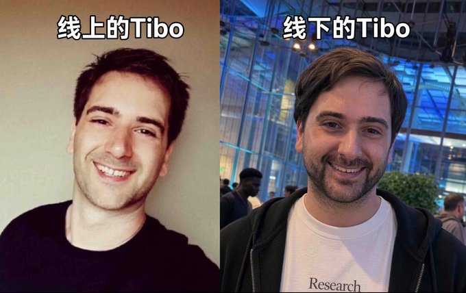 A side-by-side comparison shows the same person, labeled "线上的Tibo" (Online Tibo) on the left with a clean-shaven, heavily edited appearance, and "线下的Tibo" (Offline Tibo) on the right sporting a full beard and a "Research" hoodie at what appears to be the San Francisco GPT-6 Community Night event. The image humorously illustrates the stark contrast between his polished online persona and his more rugged in-person look, matching the post's joke about "photo scams."