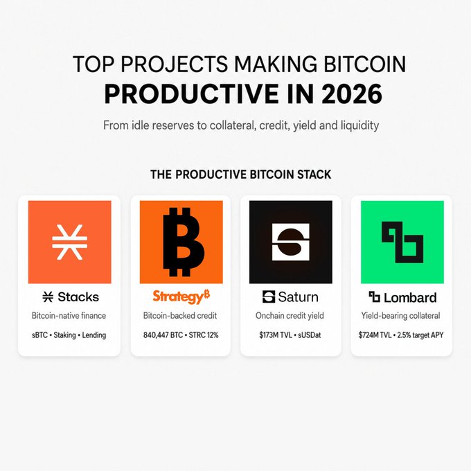 An infographic titled 'TOP PROJECTS MAKING BITCOIN PRODUCTIVE IN 2026' showcasing 'THE PRODUCTIVE BITCOIN STACK' featuring four projects: Stacks (Bitcoin-native finance), Strategy (Bitcoin-backed credit, 840,447 BTC), Saturn (Onchain credit yield, $173M TVL), and Lombard (Yield-bearing collateral, $724M TVL).
