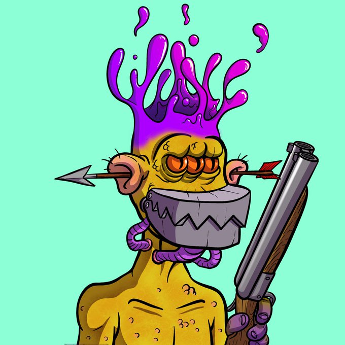 A cartoon illustration of a yellow creature with purple liquid splashing on its head, an arrow through its ear, a jagged metal mouth, and holding a shotgun, set against a mint green background.
