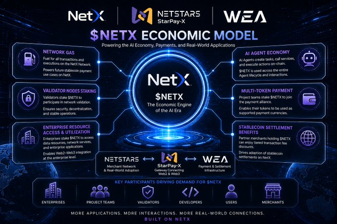 An infographic titled '$NETX ECONOMIC MODEL - The Economic Engine of the AI Era' showing features like Network Gas, Validator Nodes Staking, AI Agent Economy, and Multi-Token Payment around the NetX token logo.