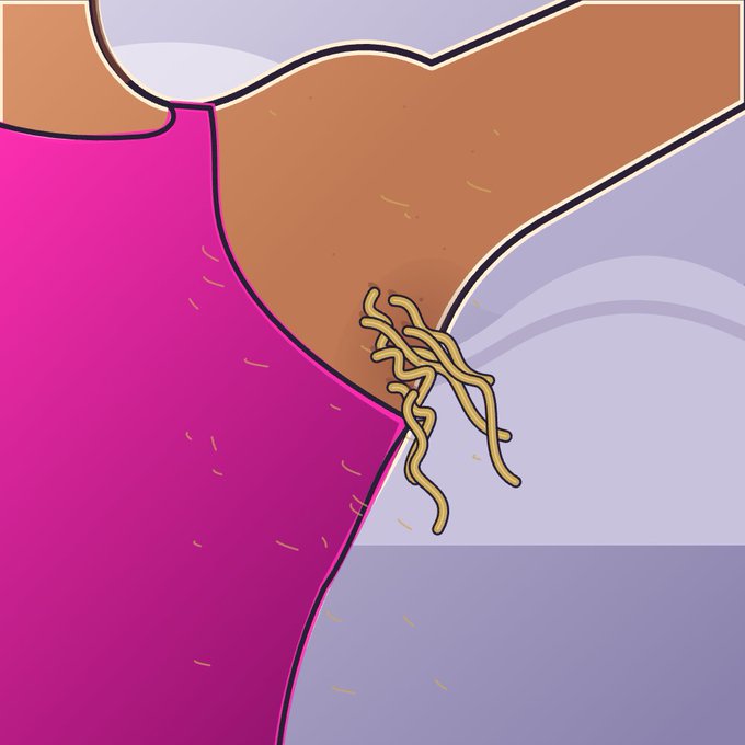 A stylized digital illustration showing a close-up of a person's neck and pink top, with a tangled mass of yellow noodles lodged under the skin.