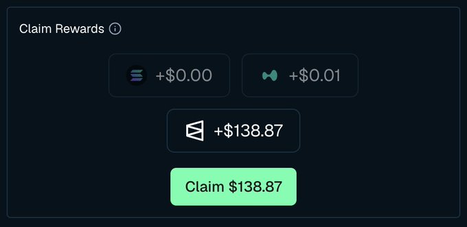 A dark-themed 'Claim Rewards' interface showing token rewards totaling $138.87, with a green 'Claim $138.87' button.