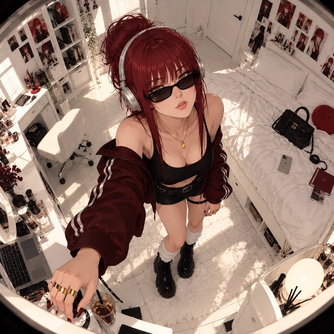 An anime-style illustration of a red-haired woman wearing sunglasses, headphones, a black crop top, and a maroon jacket, standing in a modern white bedroom taking a selfie-style photo from above.