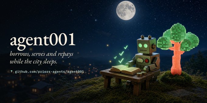 A whimsical banner for "agent001" depicts a voxel-style robot reading a book at a desk on a grassy hill under a moonlit sky, with text describing it as something that "borrows, serves and repays while the city sleeps" and linking to github.com/priors-agents/agent001.