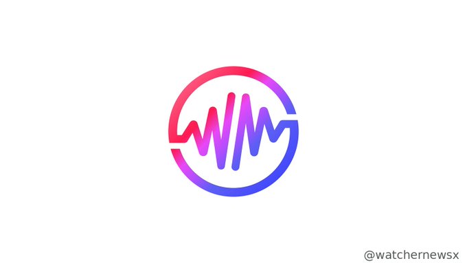 A logo design featuring a circular gradient ring in pink and blue with a stylized heartbeat/sound wave pattern inside, watermarked '@watchernewsx'.