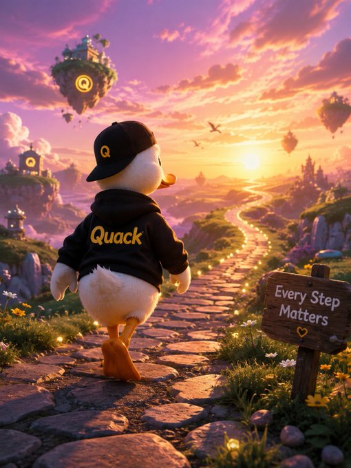 The image features a cartoon duck walking down a path, wearing a black jacket with "Quackers" written on it. The background of the image shows a sunset over mountains, creating a serene atmosphere. There are also other cartoon ducks present in the scene, adding depth and context to the overall composition.