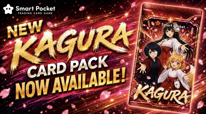 Promotional banner for the "Smart Pocket Trading Card Game" announcing the new KAGURA Card Pack, featuring 140 unique cards and showcasing anime-style artwork of fox-eared characters on a card with a pink floral and cosmic background. The image aligns with the post's announcement of a giveaway where 10 winners will receive this new card pack.