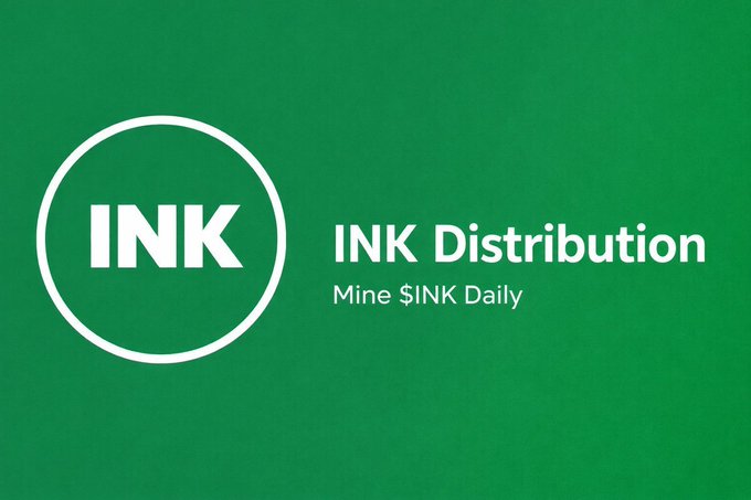 A green promotional graphic featuring a white circular logo with "INK" inside, alongside the text "INK Distribution" and the tagline "Mine $INK Daily." The image highlights the INK Network's focus on the upcoming Distribution phase and exchange listings as announced by the team.