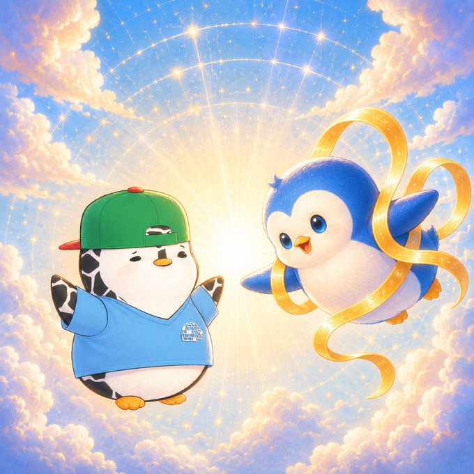 An anime-style illustration features two cute penguin characters floating among clouds with a bright sun, one wearing a green cap and blue shirt, the other a blue penguin with a golden ribbon.