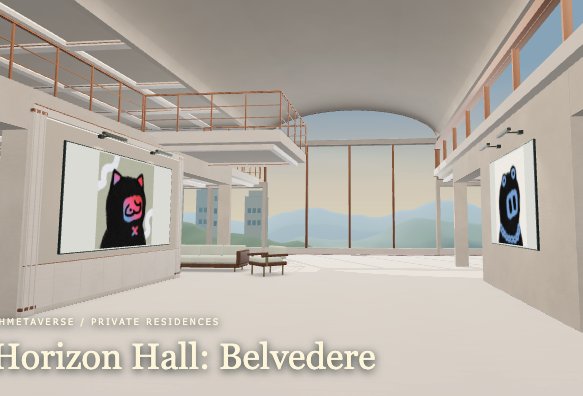 A 3D-rendered virtual space labeled "Horizon Hall: Belvedere" under "METAVERSE / PRIVATE RESIDENCES," showing a modern gallery interior with two digital art pieces on the walls and a view through large windows.