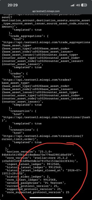 The image shows a mobile browser displaying JSON API response data from api.testnet2.minepi.com, with a status code of 200 confirming successful data retrieval. Key values visible include `latest_protocol_version: 25.2.2`, `network: passphrase`, and `supported_protocol_version: 25`, which directly verify the completion of the protocol upgrade to v25.2.2 on the Testnet2 network mentioned in the post.