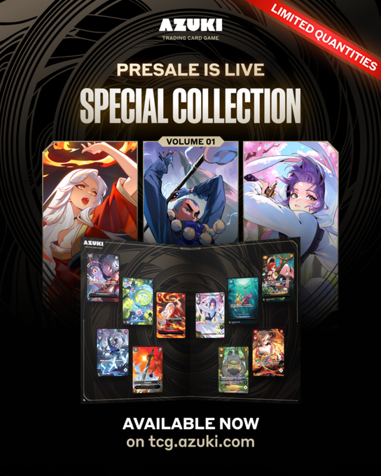 A promotional poster for the 'AZUKI TRADING CARD GAME' announcing 'PRESALE IS LIVE SPECIAL COLLECTION VOLUME 01', featuring anime-style characters and trading cards, marked as 'LIMITED QUANTITIES' and 'AVAILABLE NOW on tcg.azuki.com'.
