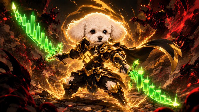 The image features a white dog dressed as a knight with green swords, standing in front of a red background that looks like flames or fire. The caption reads "4 days in and Korico is proving what real community resilience looks like. A relentless community showing up every day, shilling harder, building stronger, and growing bigger." This image seems to be related to the post about Korico being a member of a community that works hard and supports each other.