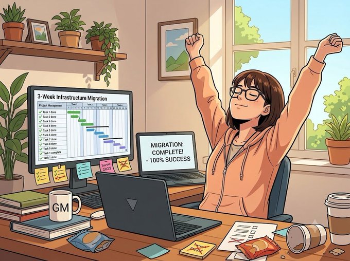 An illustrated scene of a person stretching triumphantly at a desk after completing a '3-Week Infrastructure Migration' Gantt chart, with a laptop displaying 'MIGRATION: COMPLETE! - 100% SUCCESS'.