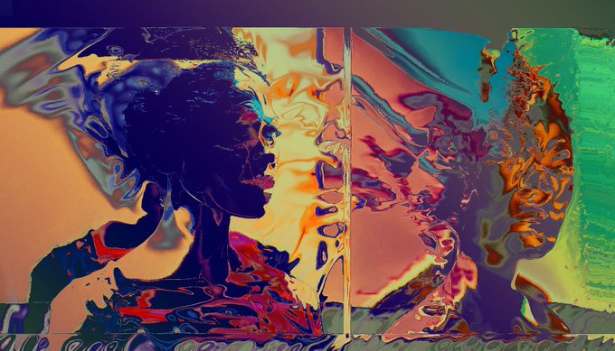 A colorful, abstract digital artwork featuring the silhouetted profile of a woman in profile against a swirling, psychedelic background of vibrant oranges, yellows, blues, and greens, with a vertical seam dividing the canvas.