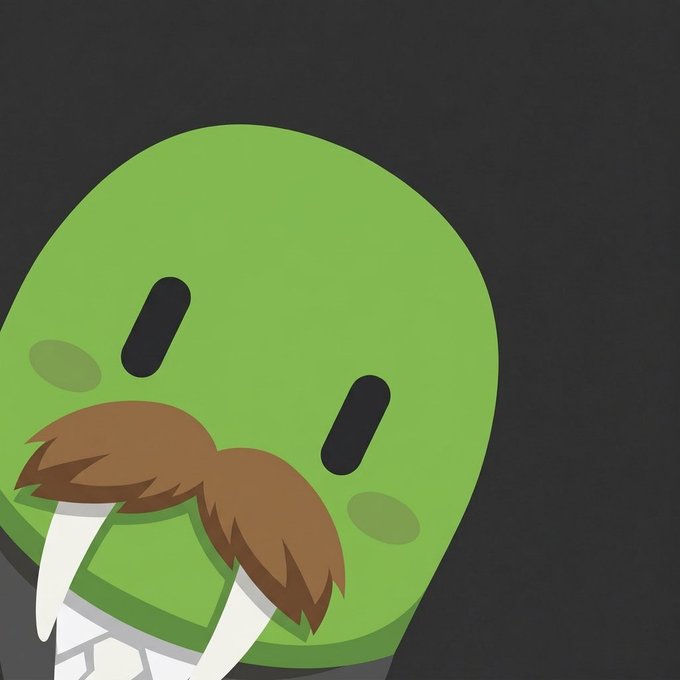 Digital artwork of a green circular character with simple black rectangular eyes and rosy cheeks, featuring a large brown mustache and white tusks against a dark gray background.