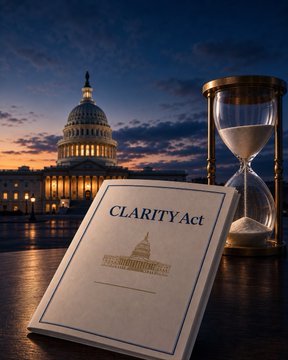 The image shows a "CLARITY Act" document placed on a desk with an hourglass and the U.S. Capitol building illuminated at dusk in the background, symbolizing the impending legislation and the uncertainty of its timing. This visual reinforces the post's message about the Clarity Act's potential market impact while suggesting the political process may take longer than anticipated, as conveyed by the hourglass's slow passage of time.