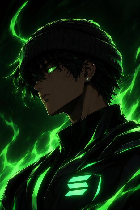 An anime-style illustration features a dark-haired male character with glowing green eyes wearing a black beanie and jacket with a glowing 'S' logo, surrounded by swirling green flames.