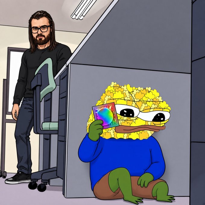 A man with long hair stands behind a cubicle wall while a Pepe the Frog meme character wearing a popcorn bucket sits on the floor holding up a holographic Pokémon card with an unimpressed expression, humorously illustrating the post's lament about losing interest in "gayifying $APU" meme culture.