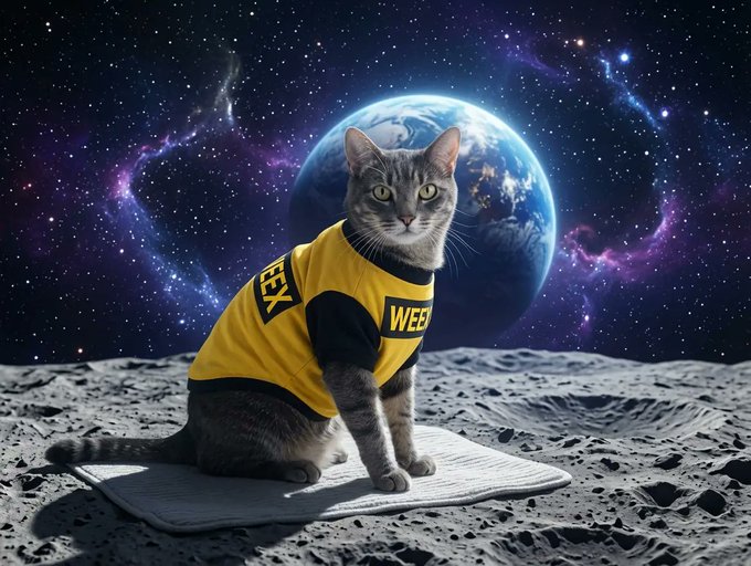 The image features a cat sitting or kneeling next to a mat, looking at the camera with a human-like pose. The backdrop of the scene includes the night sky filled with stars, giving a sense of space travel theme. The cat's outfit is yellow, which stands out against its grey fur and adds a playful touch to the photo. 

The caption for this image could be: "A curious cat wears a yellow outfit while posing on a mat next to a backdrop of stars in a night sky-themed photo." This caption captures the essence of the image by highlighting both the visual elements and the creative concept behind it.