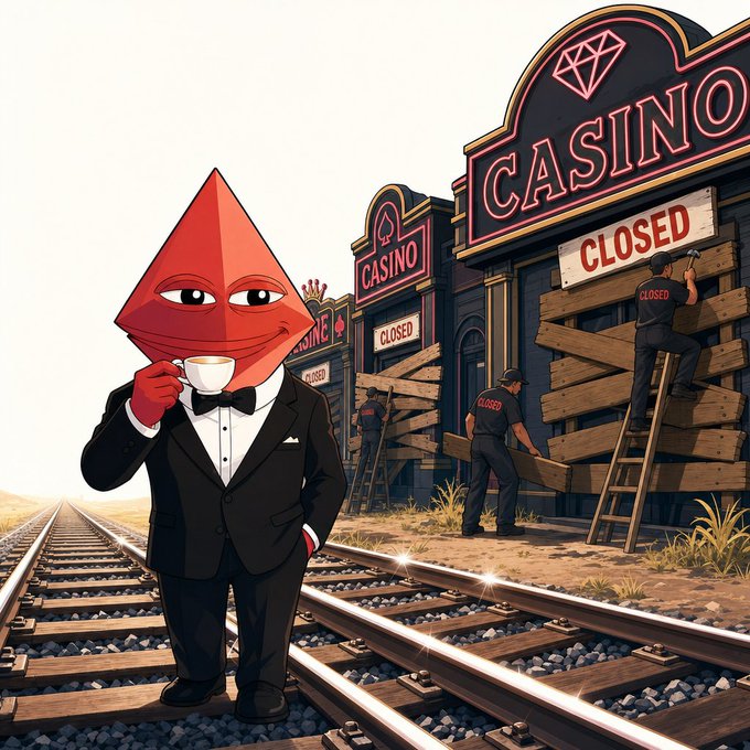 A suited red gem mascot sipping tea stands calmly on railroad tracks while workers board up a series of casinos marked "CASINO CLOSED" behind him, with one worker wearing a "CLOSED" shirt. The image visualizes the post's theme of centralized exchanges (BitMart, BitMEX) folding like closing casinos, while Ethereum's dominance of crypto TVL—the "rails"—continues to grow steadily beneath them.