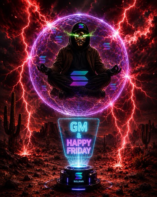 The image features a man wearing a mask, sitting cross-legged with his eyes closed, surrounded by a purple bubble that contains a neon sign reading "GMP & HAPPY FRIDAY" along with the words "solana". The scene is set against a backdrop of lightning and cacti. The post seems to be promoting a new product or service related to gaming or virtual reality experiences.