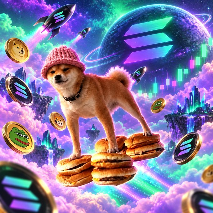A vibrant AI-generated illustration features a Shiba Inu wearing a pink knit beanie standing atop floating burgers, surrounded by Dogecoin and Solana coins, rockets, and stock chart candles in a purple cosmic setting.