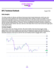 A technical analysis report titled 'BTC Technical Outlook' dated August 16th, featuring a Bitcoin price chart with multiple moving averages and discussing the battle between Bitcoin and resistance levels.