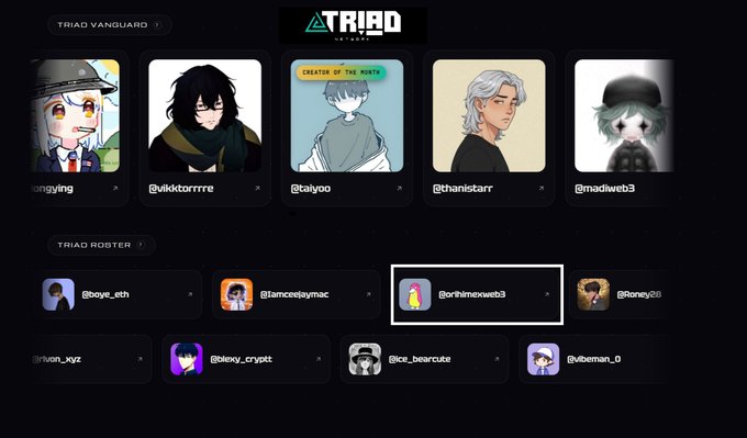 The image shows the TRIAD NFT project team page highlighting the user's inclusion in the "Triad Roster" section, displayed with the username "@orthimeweb3" alongside other team members like @Boeye_eth, @1amceejaymac, and @Roney08. This visual confirms the post's announcement of being selected as a content creator for @triadxyz in August.