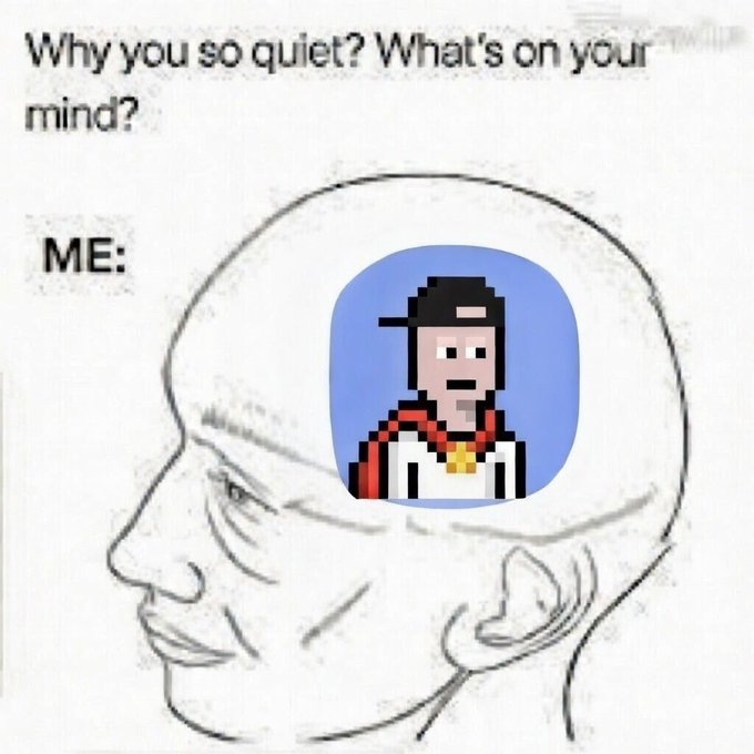 Wojak-style meme showing a head profile sketch with an app icon inside the brain, captioned 'Why you so quiet? What's on your mind?' with 'ME:' label.