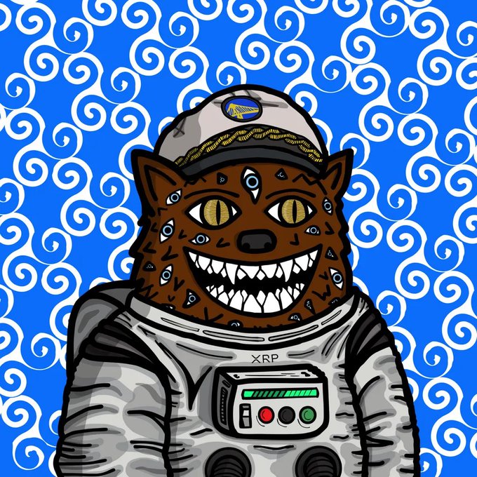 An illustrated digital artwork of a fierce, multi-eyed brown feline wearing a space suit with 'XRP' written on it, set against a vibrant blue background with white swirl patterns.